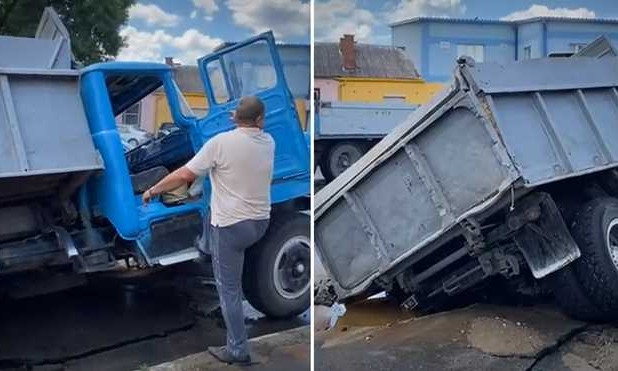 В городе Хмельницкий прямо на дороге под землю ушел грузовик (ФОТО, ВИДЕО)