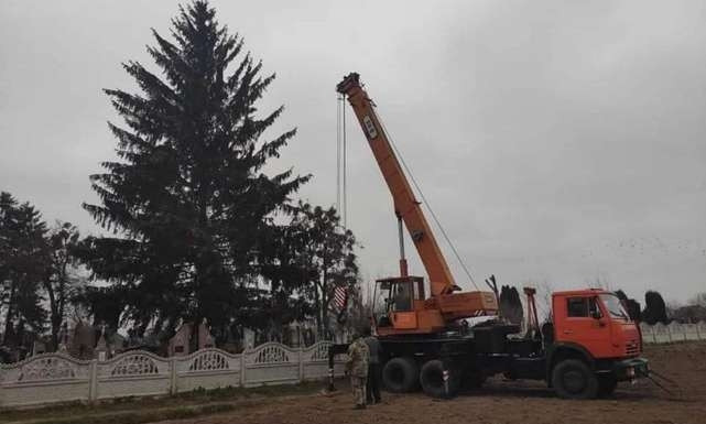 В центре украинского города устанавливают елку, срубленную на кладбище