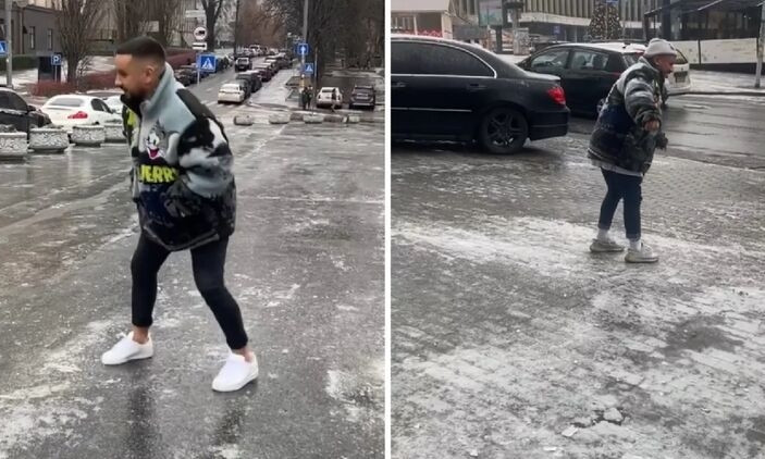 Монатик танцевал на обледенелой улице посреди Киева (ВИДЕО)